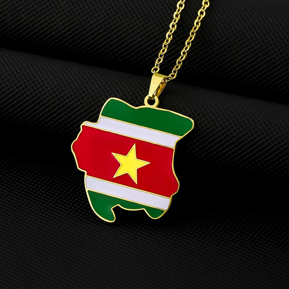 Fashion Republiek Suriname Map Flag Pendant Necklace Stainless Steel Men Women Sranan Maps Jewelry Gift