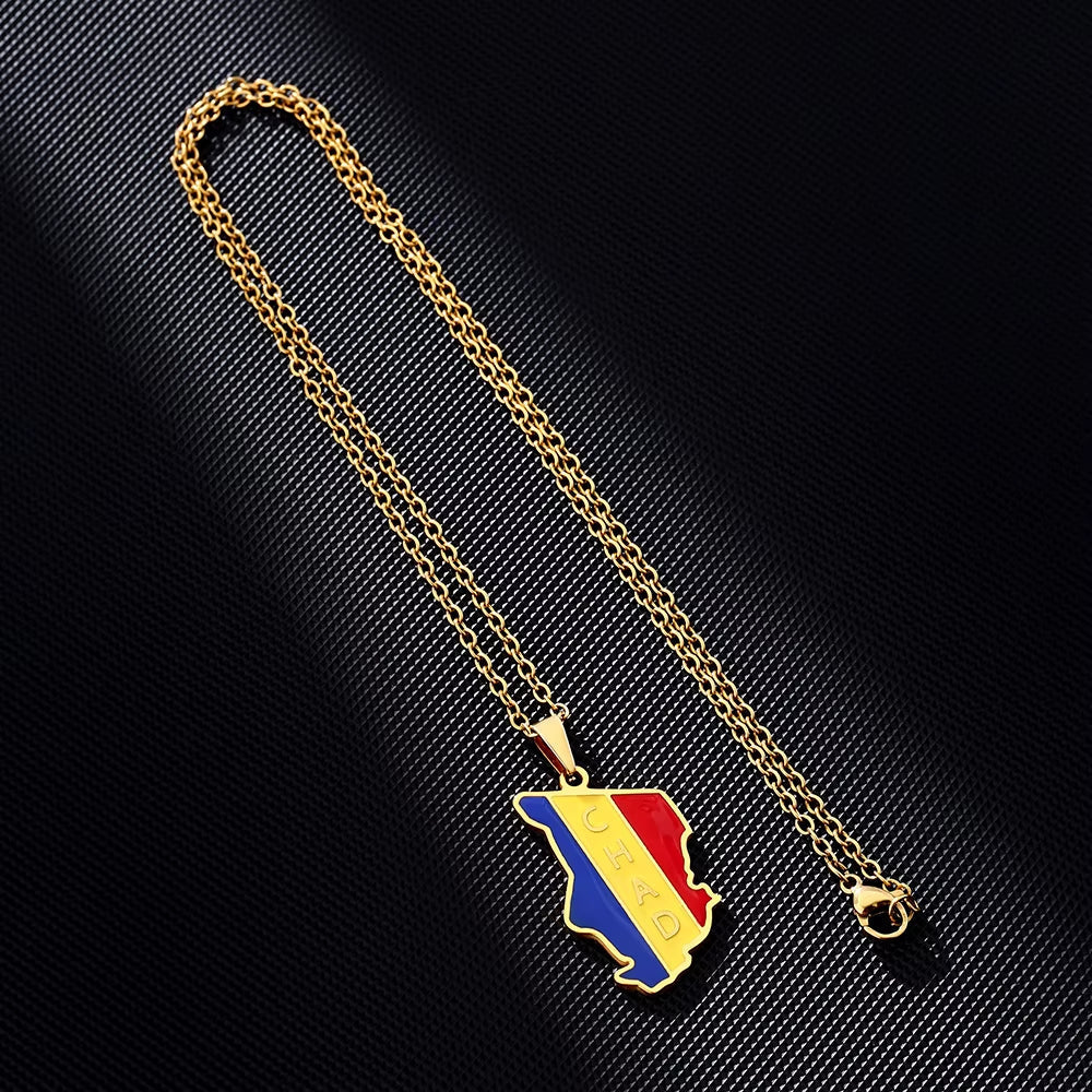 Africa Republic of Chad Map Flag Pendant Necklace Stainless Steel Gold/Silver Color Men Women Country Map Jewelry Gift
