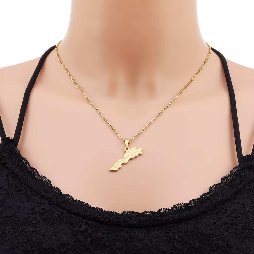 Africa Kingdom of Morocco Map City Pendant Necklace Gold Silver Color Men Women Maroc Country Map Jewelry Gift