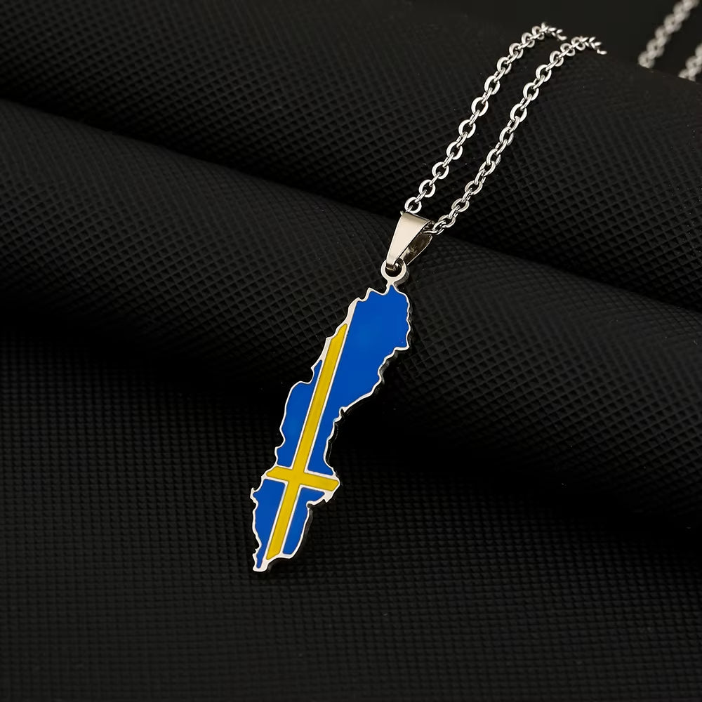 Fashion Sverige Map Flag Pendant Necklace Stainless Steel Men Women Sweden Maps Jewelry Gift
