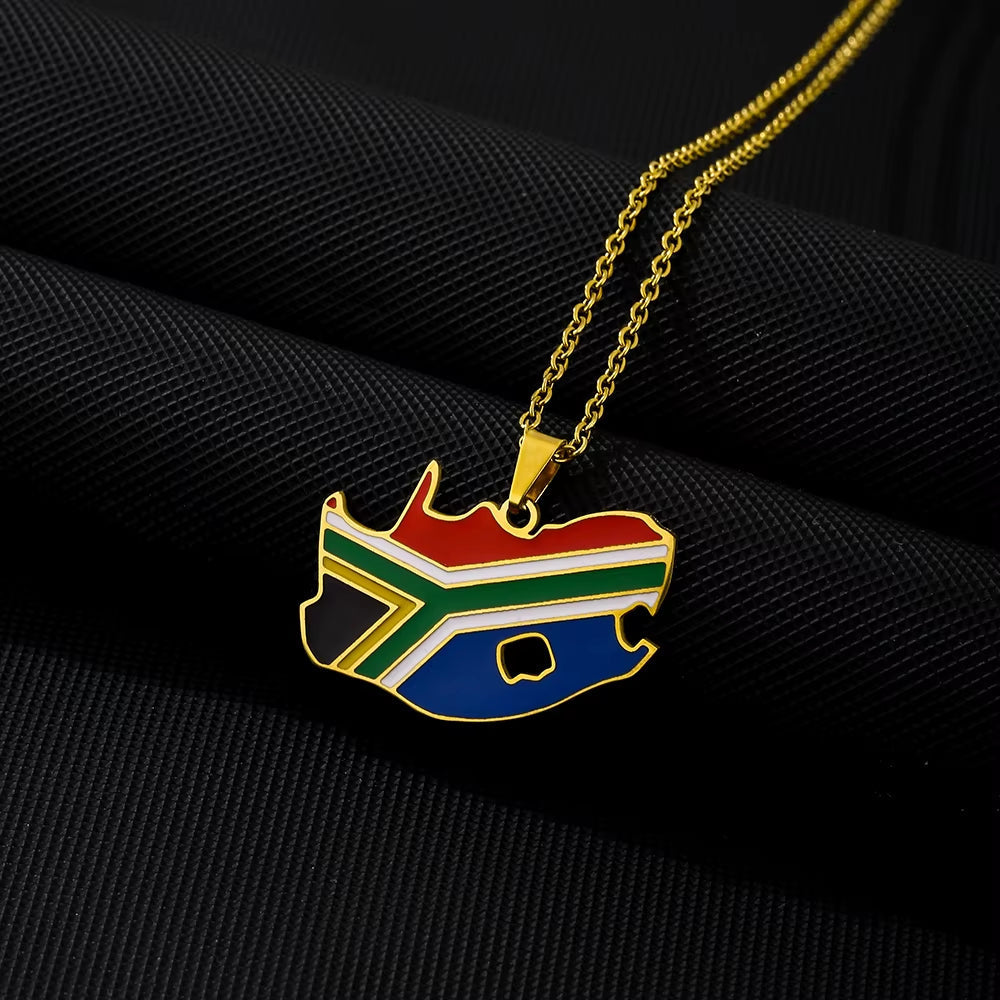 Fashion South Africa Map Flag Pendant Necklace Stainless Steel African Men Women Maps Jewelry Gift