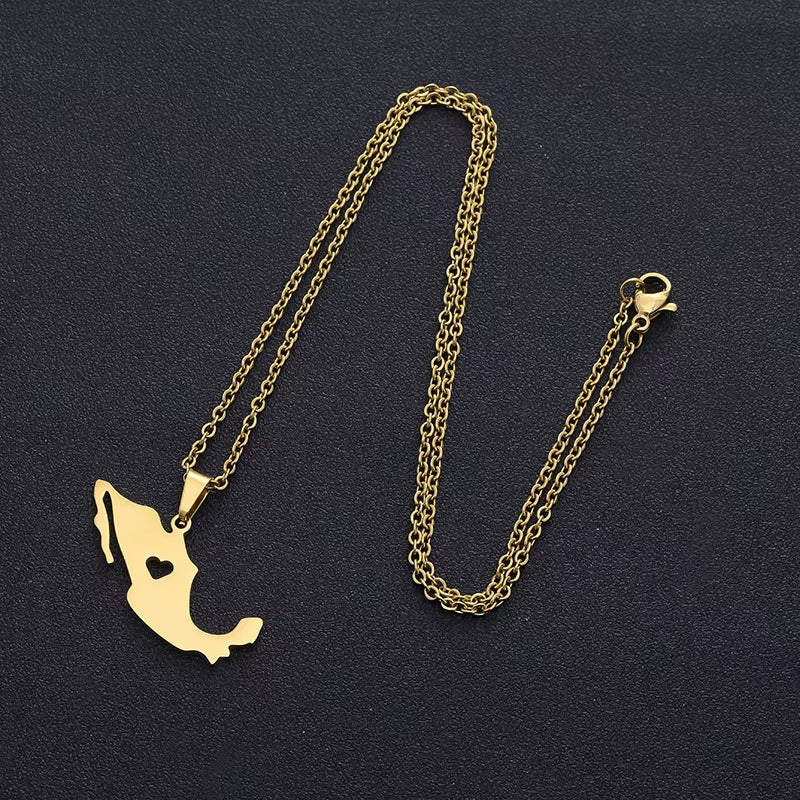 Mexico Map Pendant Necklace Stainless Steel Gold Silver Color Men Women Heart Charm Heart Country Maps Jewelry Gift