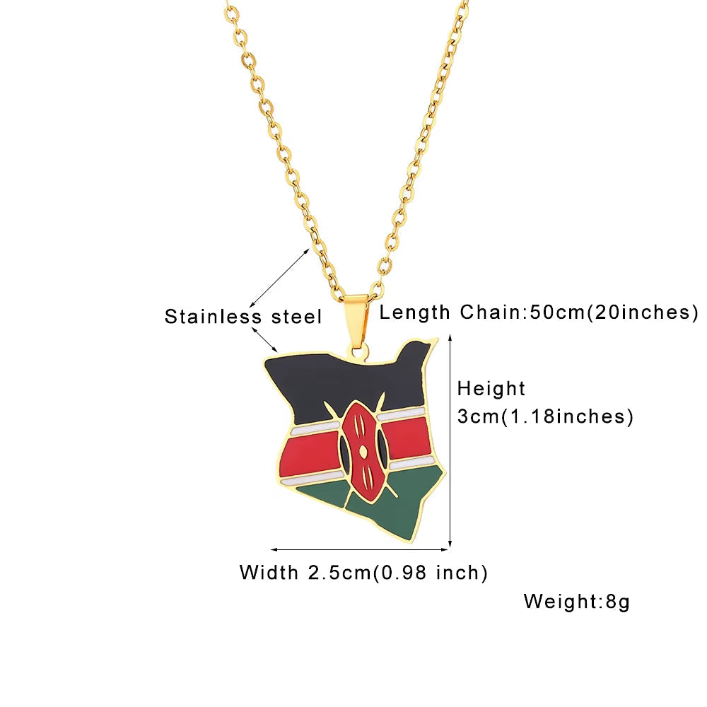 Africa Kenya Map Flag Pendant Necklace Stainless Steel Men Women Gold Color Country Maps Jewelry Gift