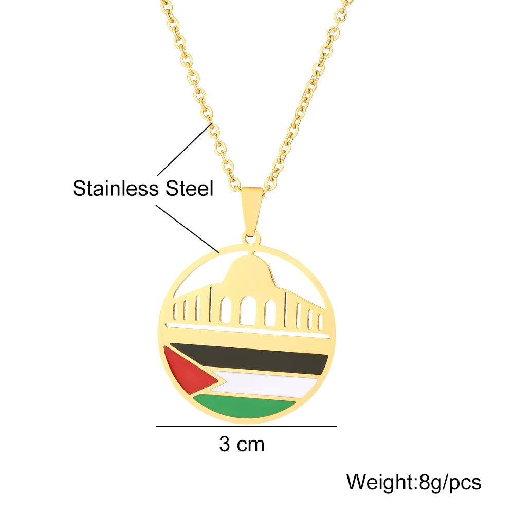 Fashion Al-Aqsa Mosque State of Palestine Flag Pendant Necklace Stainless Steel Gold Color Men Women Ethnic Jewelry Gift