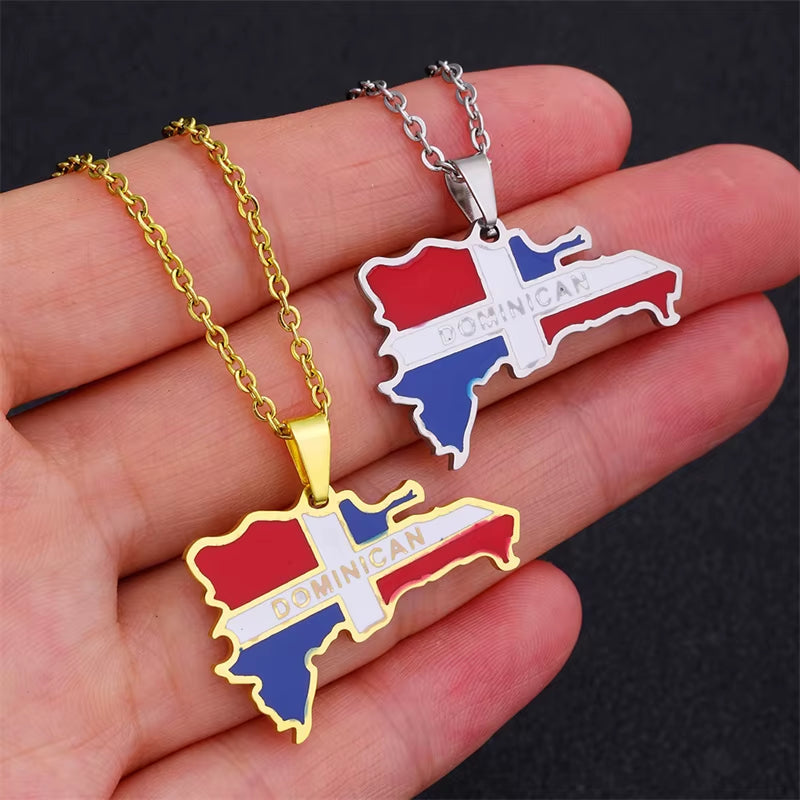 Hot Stainless Steel Trendy Enamel the Dominican Republic Map Pendant Necklace Map of Dominican Chain Jewelry