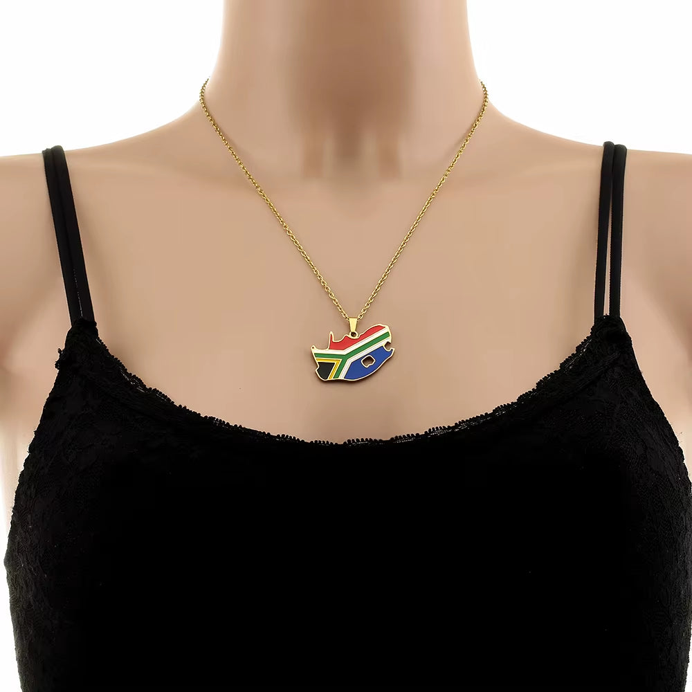 Fashion South Africa Map Flag Pendant Necklace Stainless Steel African Men Women Maps Jewelry Gift