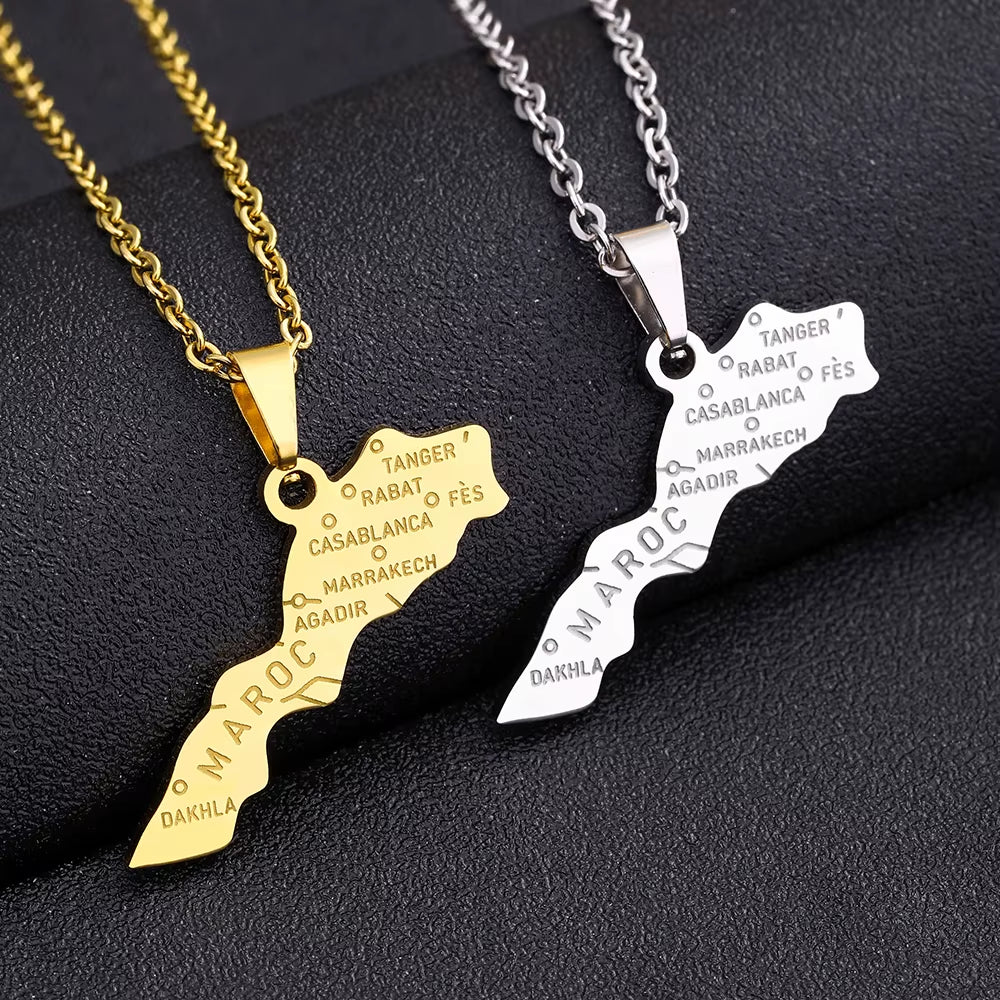 Africa Kingdom of Morocco Map City Pendant Necklace Gold Silver Color Men Women Maroc Country Map Jewelry Gift