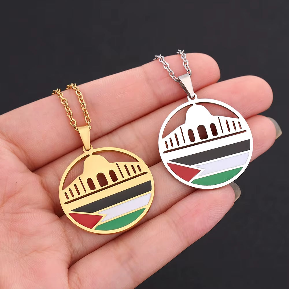 Fashion Al-Aqsa Mosque State of Palestine Flag Pendant Necklace Stainless Steel Gold Color Men Women Ethnic Jewelry Gift