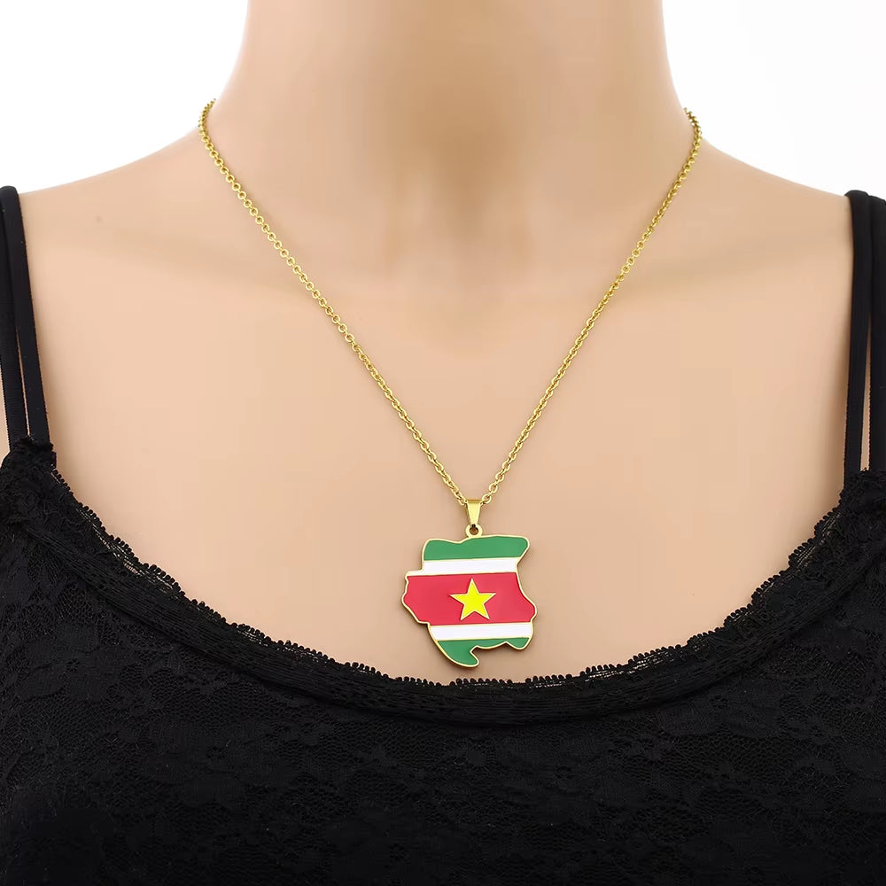 Fashion Republiek Suriname Map Flag Pendant Necklace Stainless Steel Men Women Sranan Maps Jewelry Gift