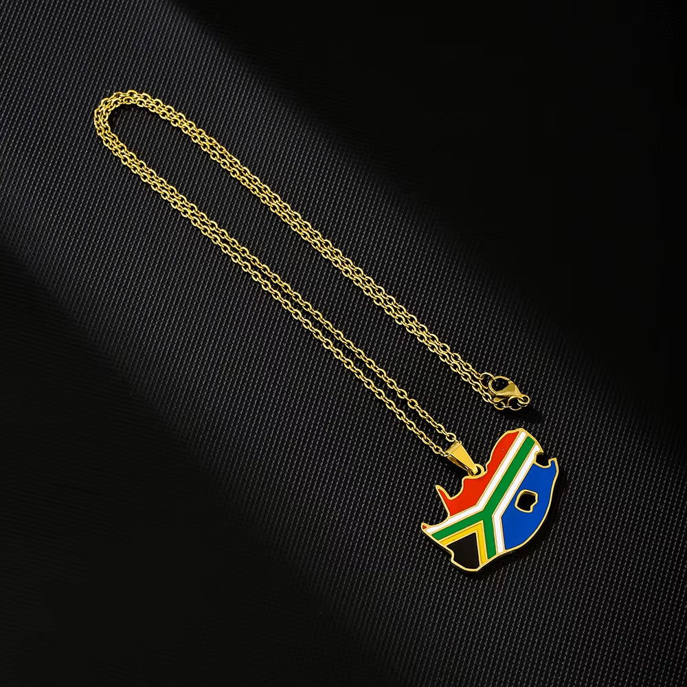 Fashion South Africa Map Flag Pendant Necklace Stainless Steel African Men Women Maps Jewelry Gift