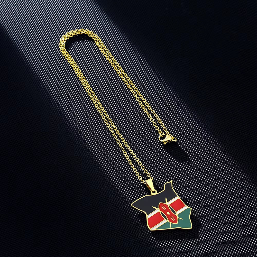Africa Kenya Map Flag Pendant Necklace Stainless Steel Men Women Gold Color Country Maps Jewelry Gift
