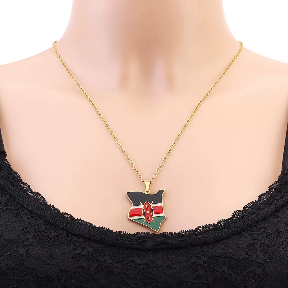 Africa Kenya Map Flag Pendant Necklace Stainless Steel Men Women Gold Color Country Maps Jewelry Gift