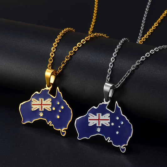 Australia Map Flag Pendant Necklace - Australian Charm Jewelry with Stainless Steel Chain
