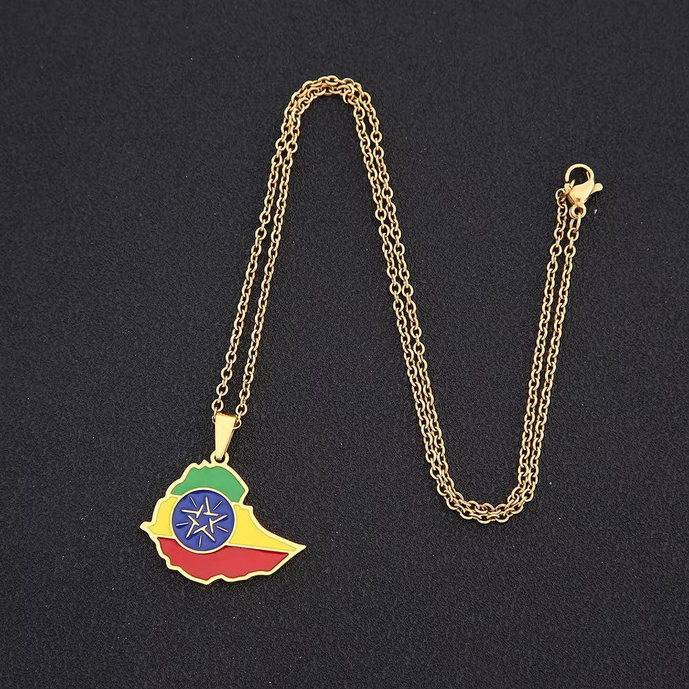 African Ethiopia Map Flag Pendant Necklace Stainless Steel Men Women Gold/Silver Color Country Maps Jewelry Gift