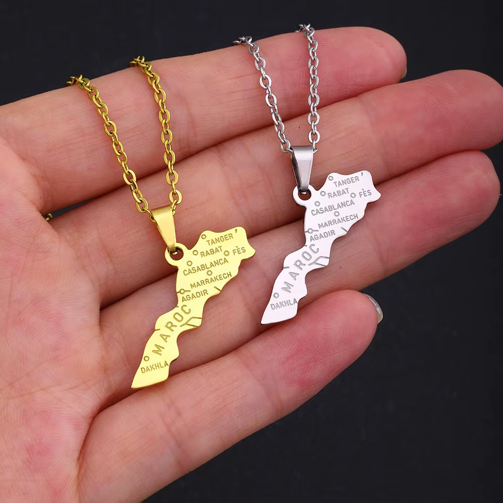 Africa Kingdom of Morocco Map City Pendant Necklace Gold Silver Color Men Women Maroc Country Map Jewelry Gift