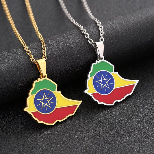 African Ethiopia Map Flag Pendant Necklace Stainless Steel Men Women Gold/Silver Color Country Maps Jewelry Gift