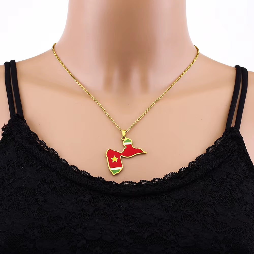 France Guadeloupe Island Map with Flag Pendant Necklace Stainless Steel Men Women Ethnic Maps Jewelry Gift