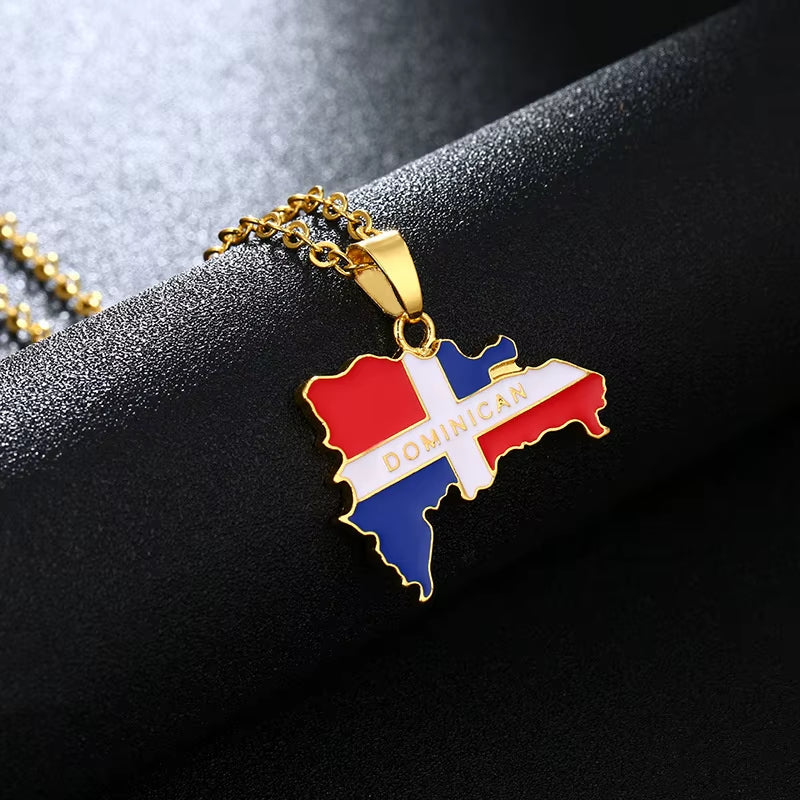 Hot Stainless Steel Trendy Enamel the Dominican Republic Map Pendant Necklace Map of Dominican Chain Jewelry