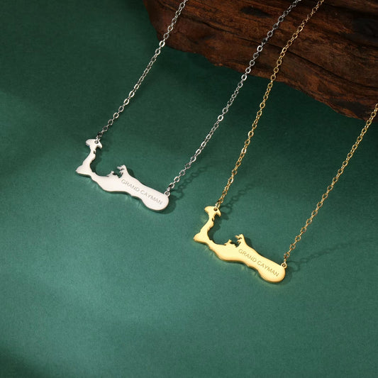 GRAND CAYMAN Map Necklace Pendant Stainless Steel Chain Island Country Leisure Vacation Jewelry Gift
