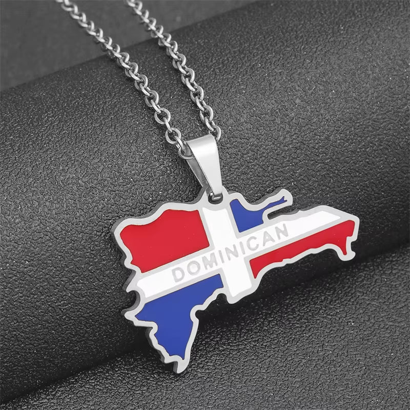 Hot Stainless Steel Trendy Enamel the Dominican Republic Map Pendant Necklace Map of Dominican Chain Jewelry