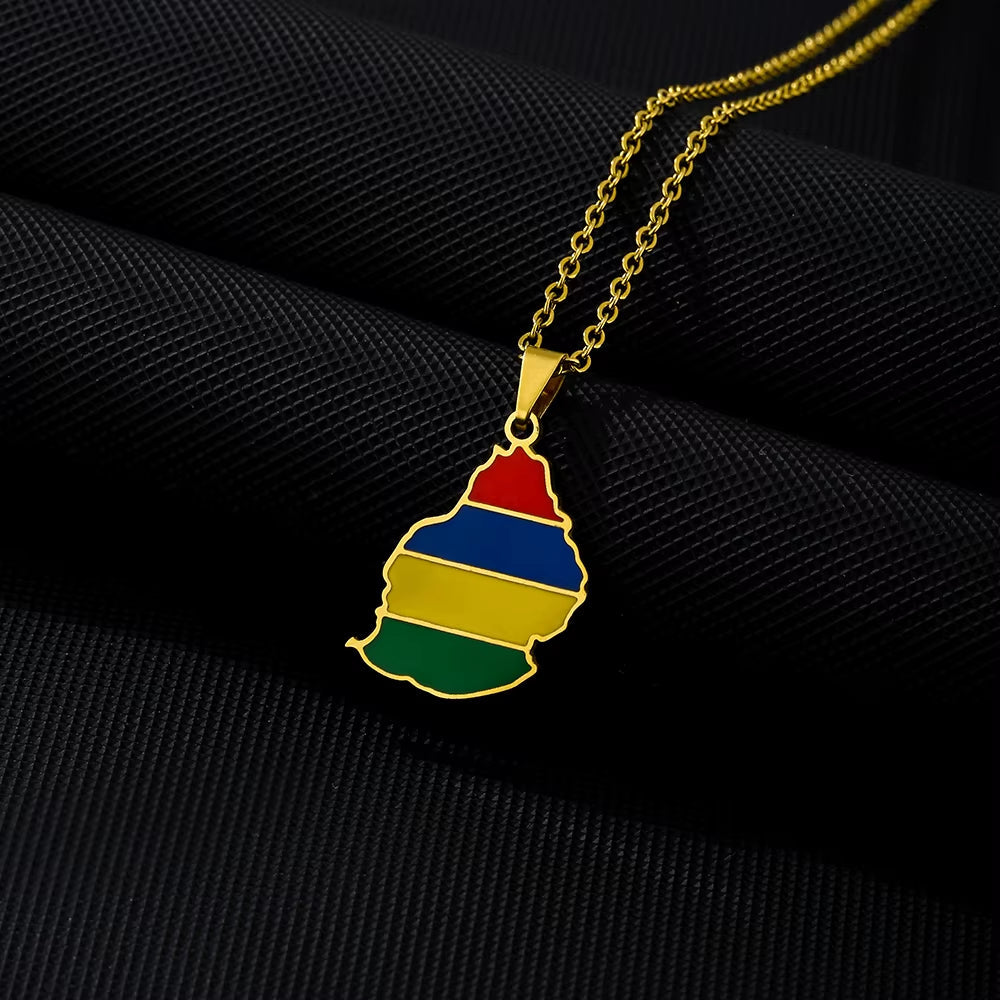 Fashion African Mauritius Island Map Flag Pendant Necklace Stainless Steel Men Women Maps Jewelry Gift