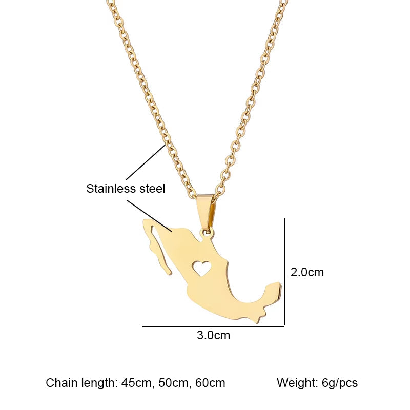 Mexico Map Pendant Necklace Stainless Steel Gold Silver Color Men Women Heart Charm Heart Country Maps Jewelry Gift