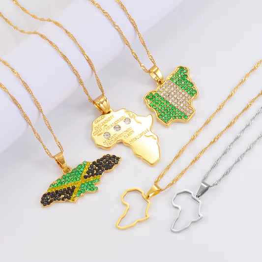 Color Flag Nigeria Jamaica with Rhinestone Africa Maps Pendant Necklaces Ethnic Jewelry #122721