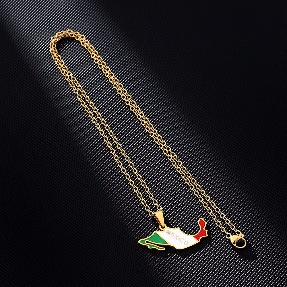 Celebrate Your Heritage with the Stunning Mexico Map Flag Pendant Necklace - Perfect Stainless Steel Jewelry for Men and Women