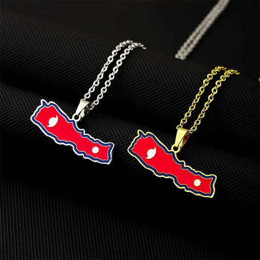 Nepal Map Flag Pendant Necklaces Silver Color/Gold Color Stainless Steel Enamel Jewelry Nepalese Maps Ethnic Gifts