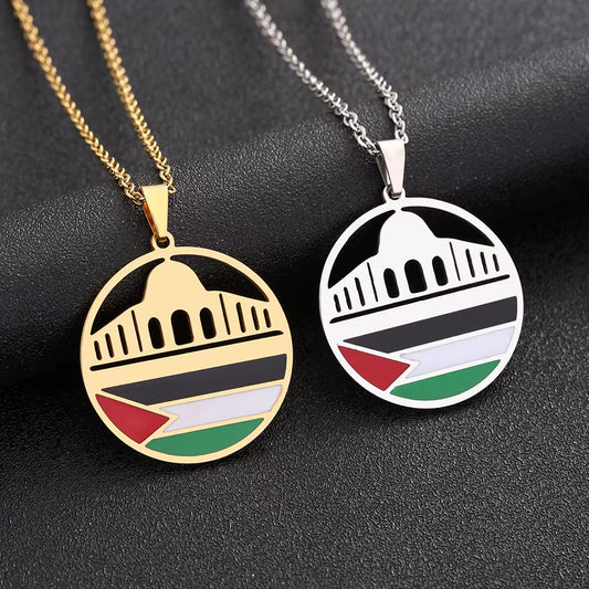 Fashion Al-Aqsa Mosque State of Palestine Flag Pendant Necklace Stainless Steel Gold Color Men Women Ethnic Jewelry Gift