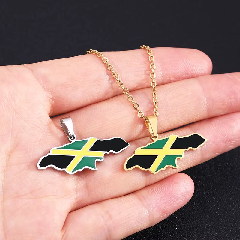 Jamaica Map and National Flag Pendant Necklaces for Women Stainless Steel Gold Color Jamaican Ethnic Birthday Party Jewelry