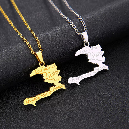 Haiti Map City Pendant Necklace Stainless Steel Men Women Gold/Steel Color Ayiti Country Map Jewelry Ethnic Gift