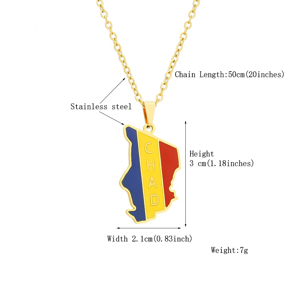 Africa Republic of Chad Map Flag Pendant Necklace Stainless Steel Gold/Silver Color Men Women Country Map Jewelry Gift
