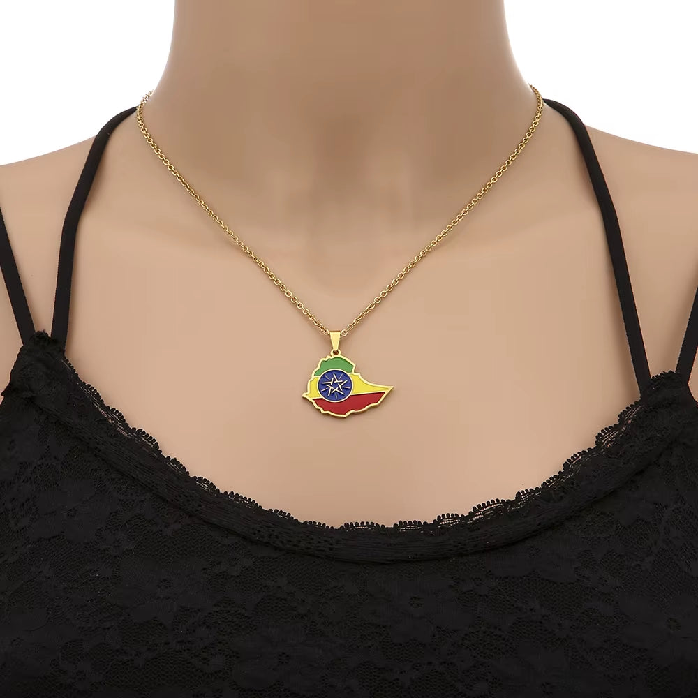 African Ethiopia Map Flag Pendant Necklace Stainless Steel Men Women Gold/Silver Color Country Maps Jewelry Gift