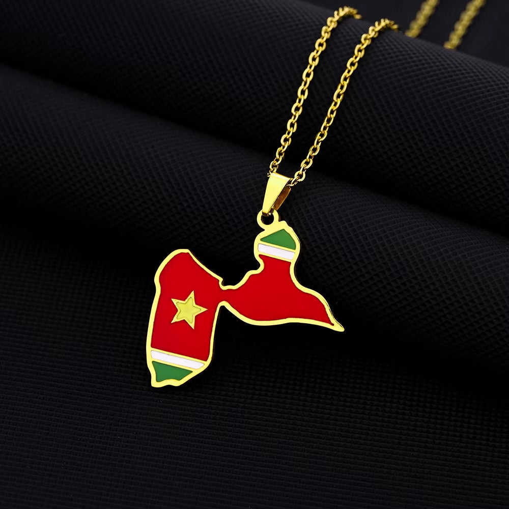 France Guadeloupe Island Map with Flag Pendant Necklace Stainless Steel Men Women Ethnic Maps Jewelry Gift