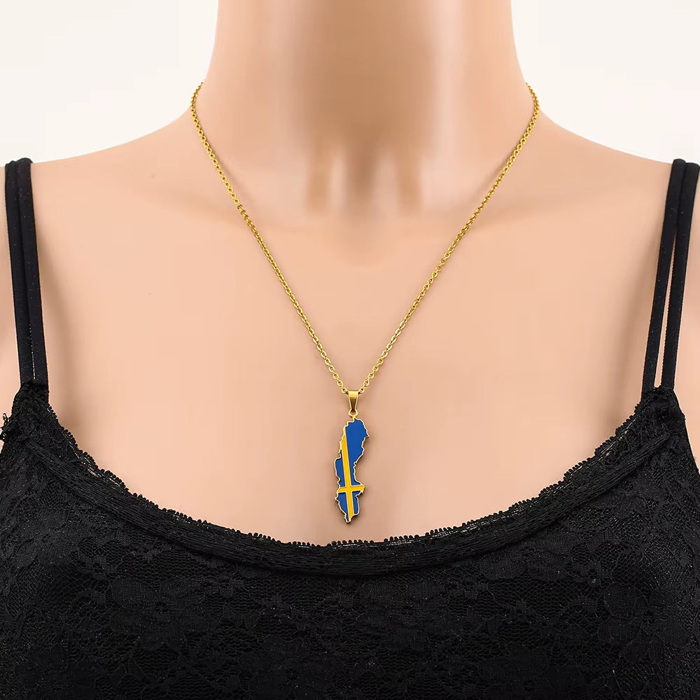 Fashion Sverige Map Flag Pendant Necklace Stainless Steel Men Women Sweden Maps Jewelry Gift