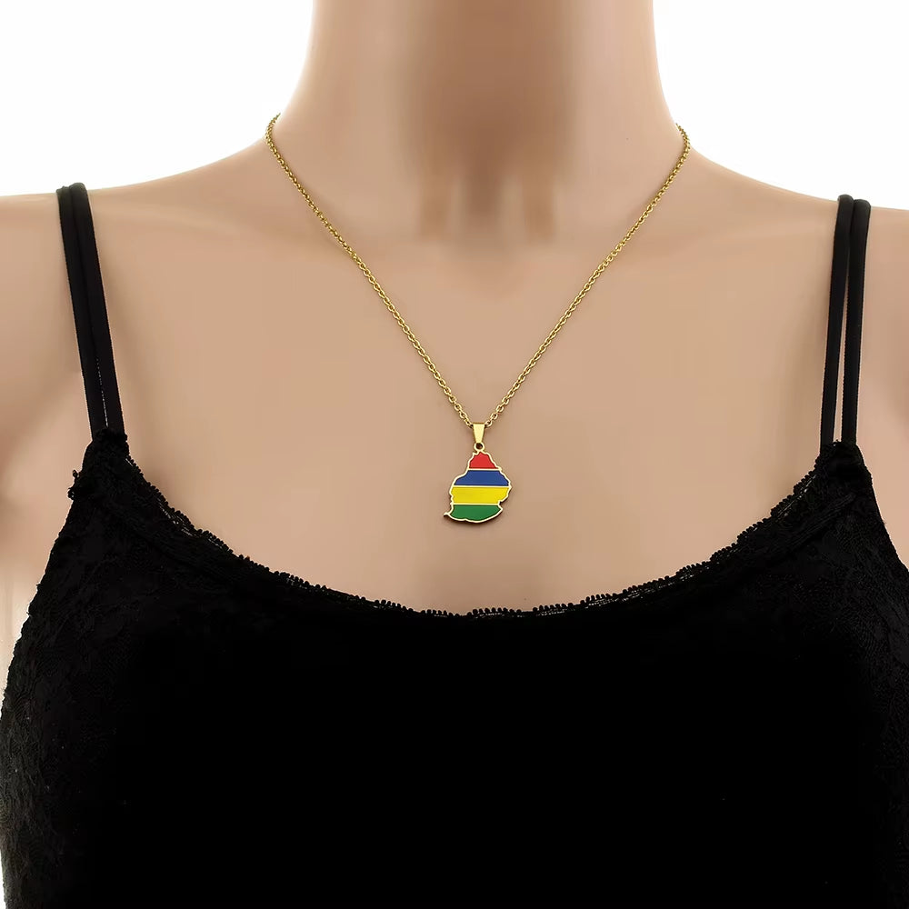 Fashion African Mauritius Island Map Flag Pendant Necklace Stainless Steel Men Women Maps Jewelry Gift