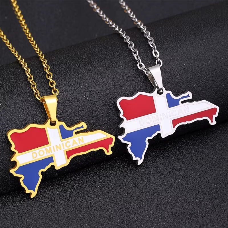 Hot Stainless Steel Trendy Enamel the Dominican Republic Map Pendant Necklace Map of Dominican Chain Jewelry