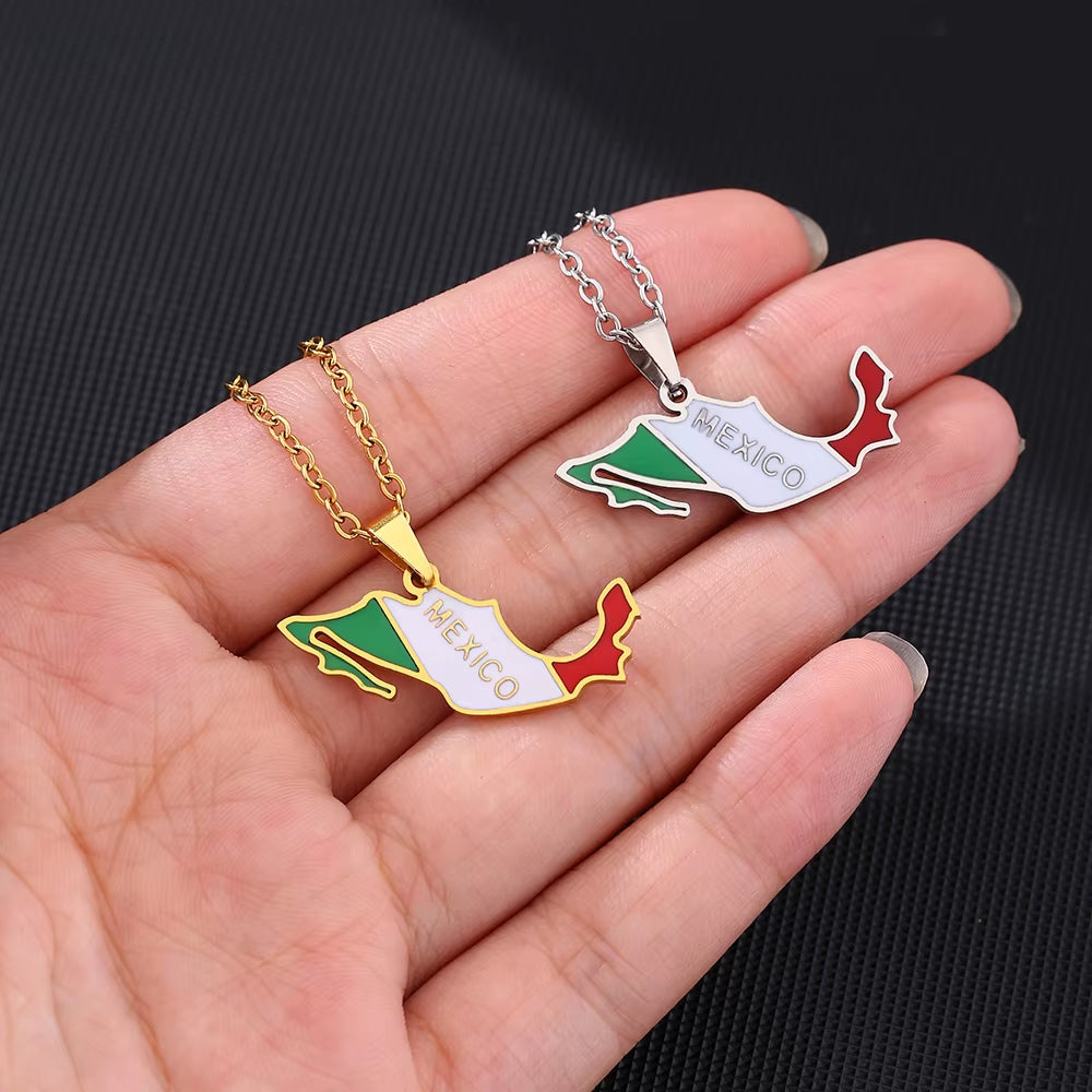 Celebrate Your Heritage with the Stunning Mexico Map Flag Pendant Necklace - Perfect Stainless Steel Jewelry for Men and Women