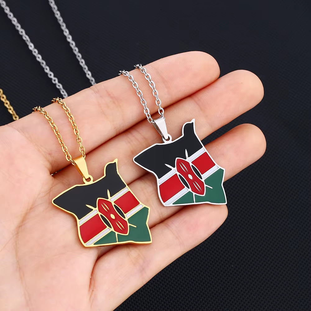 Africa Kenya Map Flag Pendant Necklace Stainless Steel Men Women Gold Color Country Maps Jewelry Gift