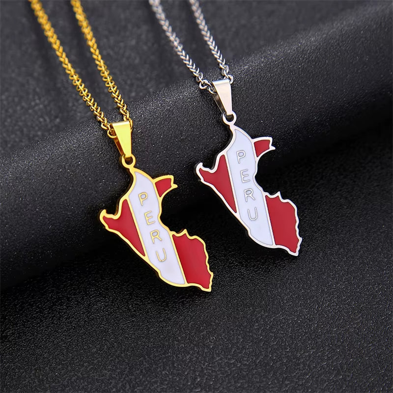 New Arrivals Peru Map with Flag Pendant Necklaces for Women Men Gold Color/Silver Color Map of Peru Jewelry Peruvian