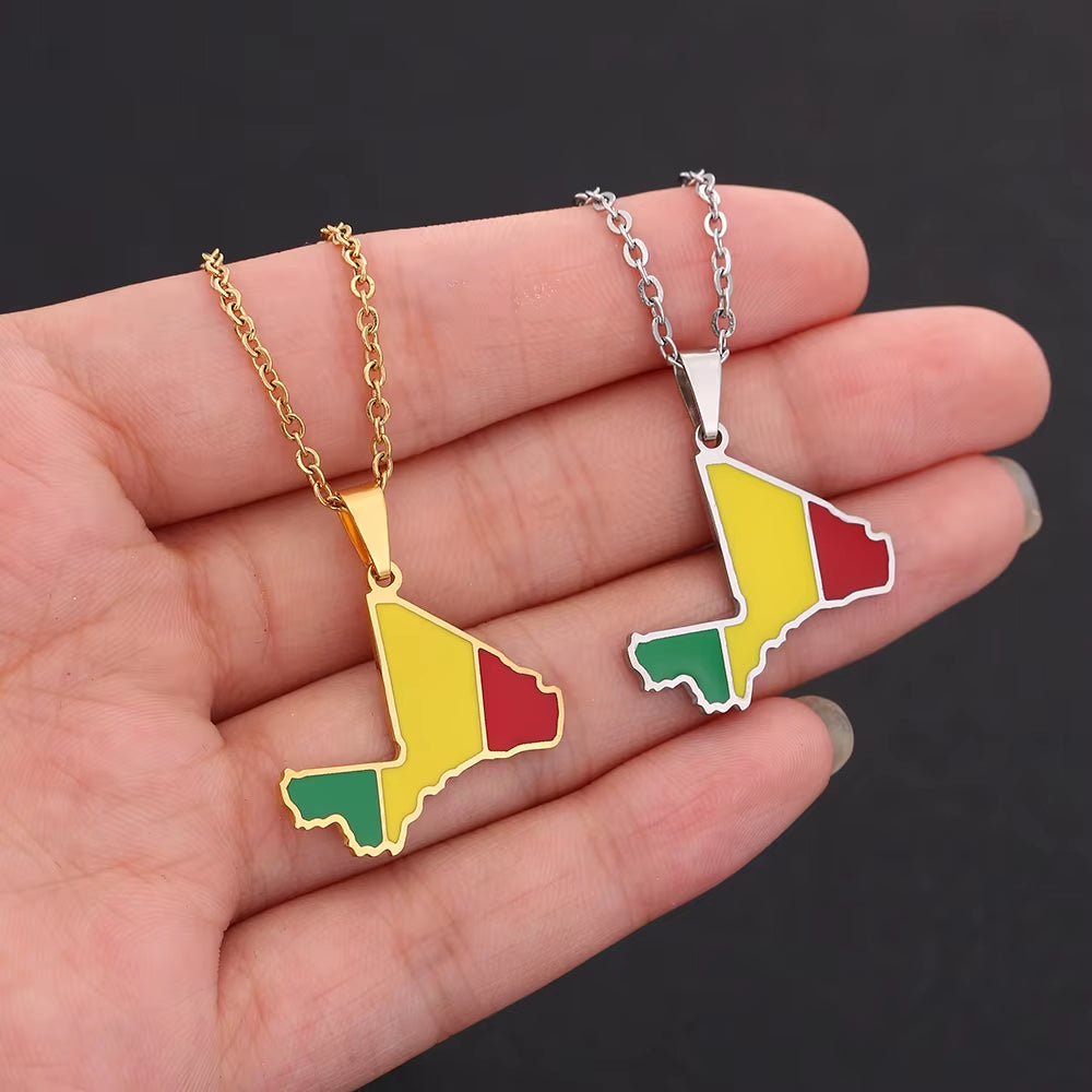 Africa Mali Map Flag Pendant Necklace Stainless Steel Gold/Silver Color African Men Women Ethnic Maps Jewelry Gift
