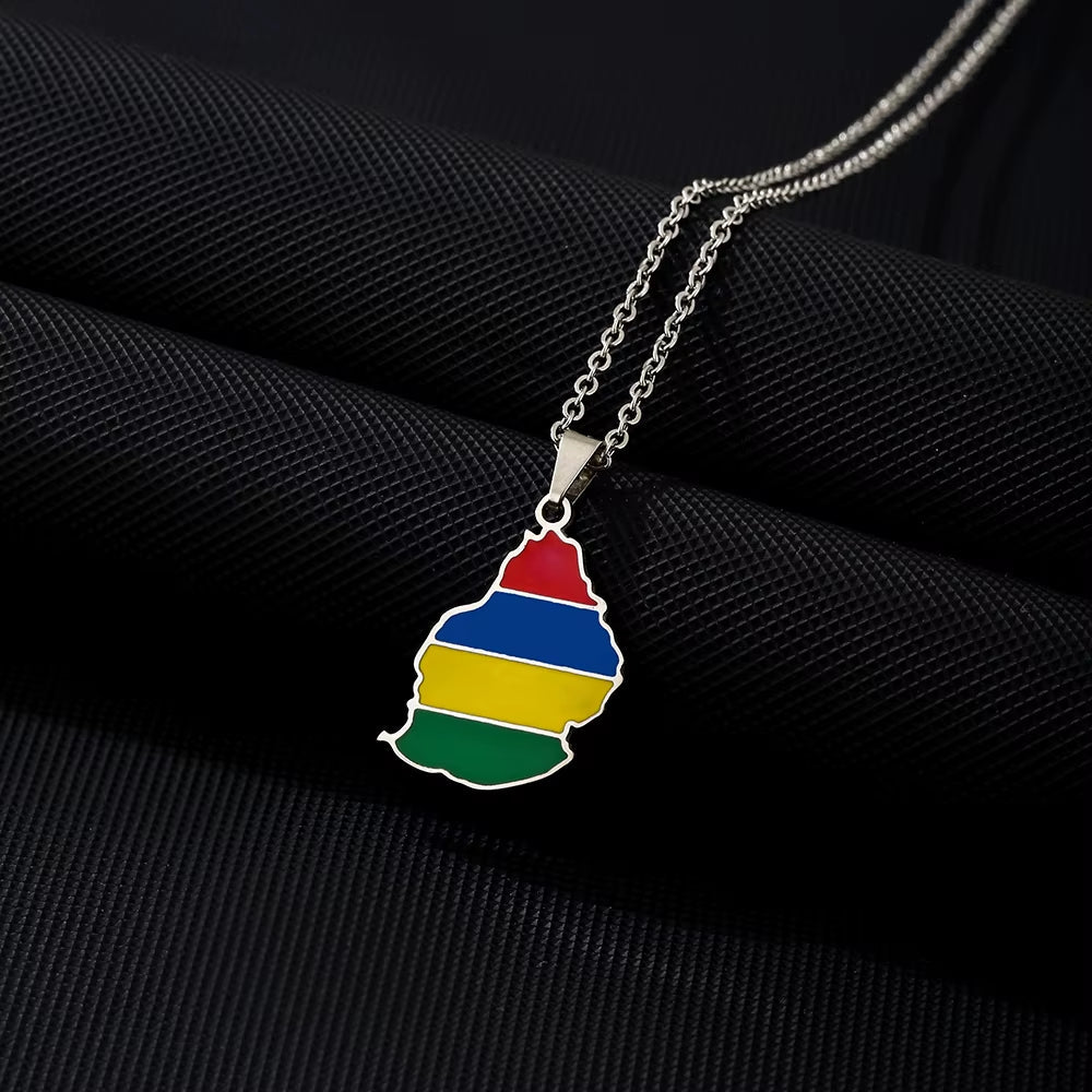 Fashion African Mauritius Island Map Flag Pendant Necklace Stainless Steel Men Women Maps Jewelry Gift