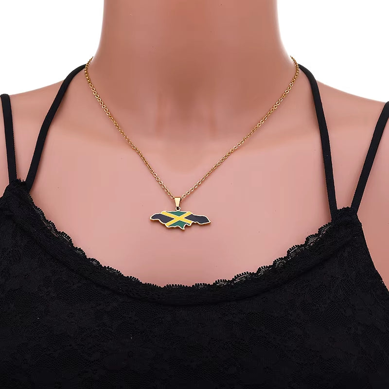 Jamaica Map and National Flag Pendant Necklaces for Women Stainless Steel Gold Color Jamaican Ethnic Birthday Party Jewelry