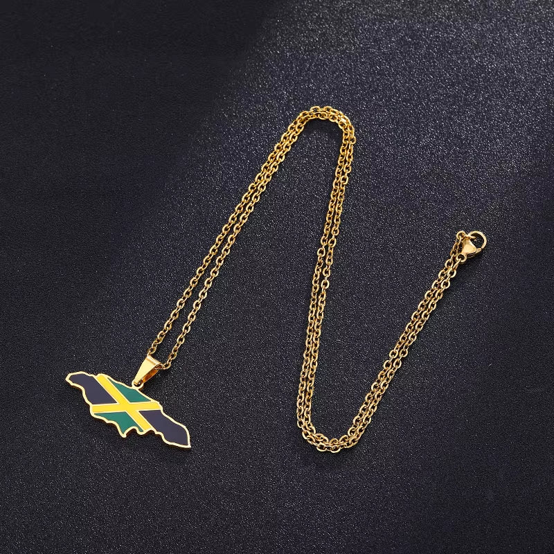 Jamaica Map and National Flag Pendant Necklaces for Women Stainless Steel Gold Color Jamaican Ethnic Birthday Party Jewelry