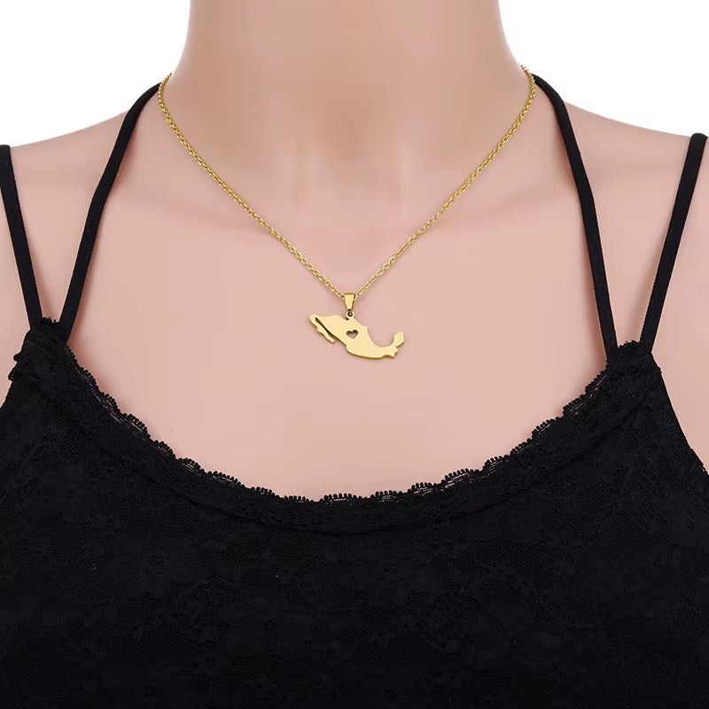 Mexico Map Pendant Necklace Stainless Steel Gold Silver Color Men Women Heart Charm Heart Country Maps Jewelry Gift
