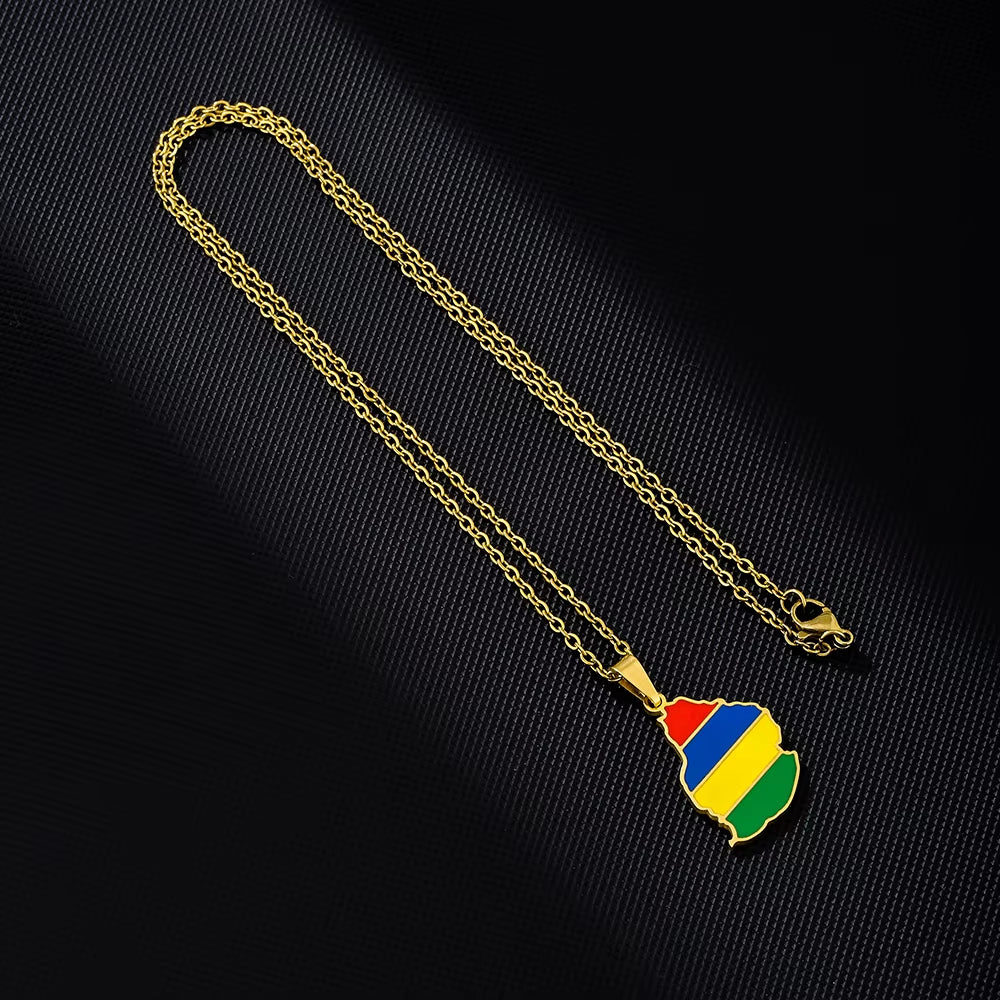 Fashion African Mauritius Island Map Flag Pendant Necklace Stainless Steel Men Women Maps Jewelry Gift