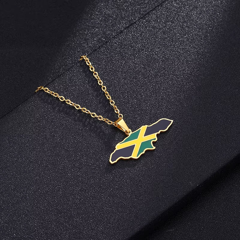 Jamaica Map and National Flag Pendant Necklaces for Women Stainless Steel Gold Color Jamaican Ethnic Birthday Party Jewelry