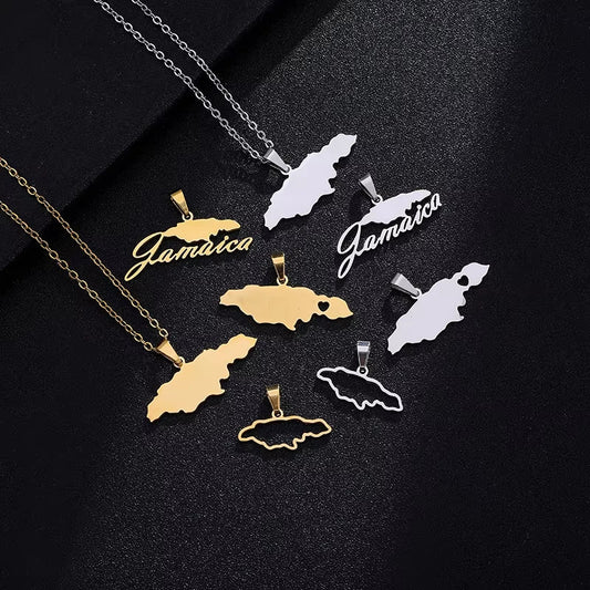 Hot Stainless Steel Jamaica Map Pendant Necklaces 4 Kinds of Style Gold Color Jamaican Women Country Map Jewelry Gift