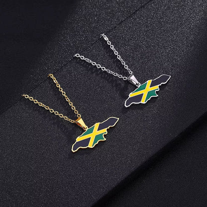 Jamaica Map and National Flag Pendant Necklaces for Women Stainless Steel Gold Color Jamaican Ethnic Birthday Party Jewelry
